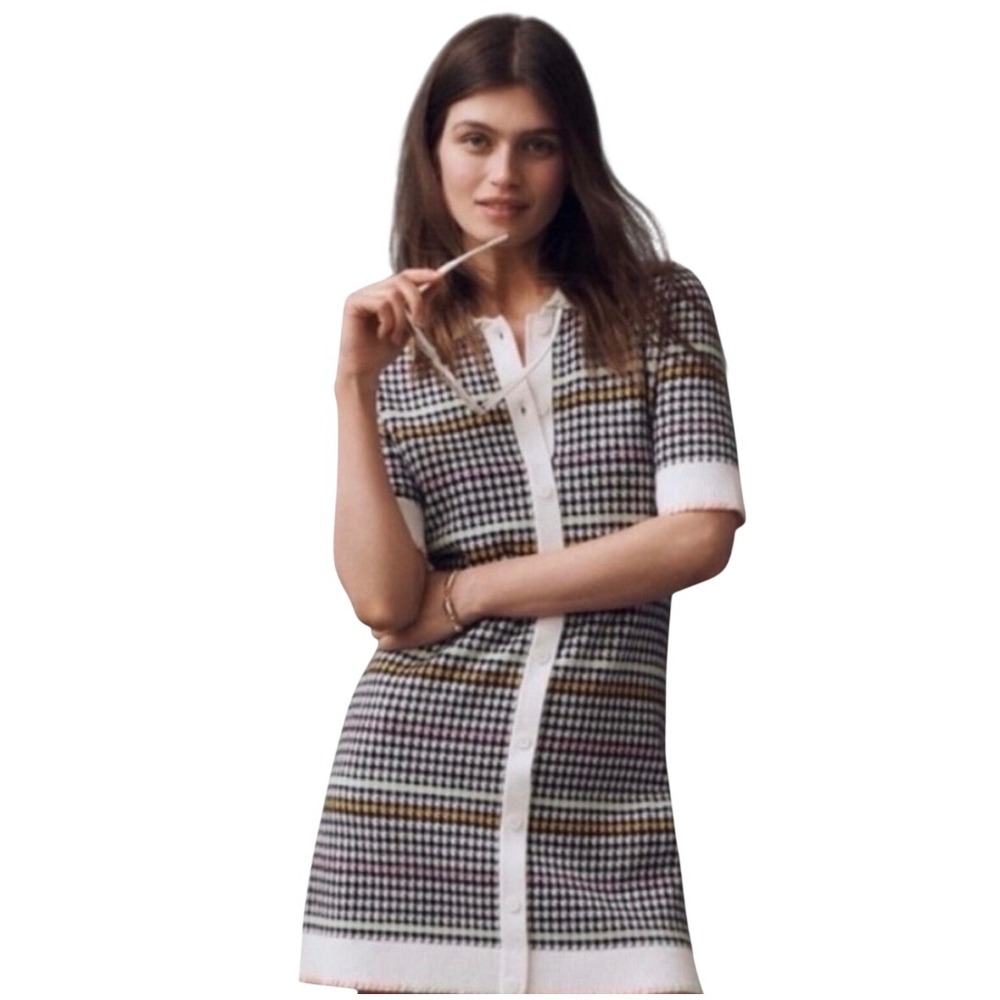 NWT Anthropologie Maeve Houndstooth Button Front Polo Mini Sweater Dress Medium